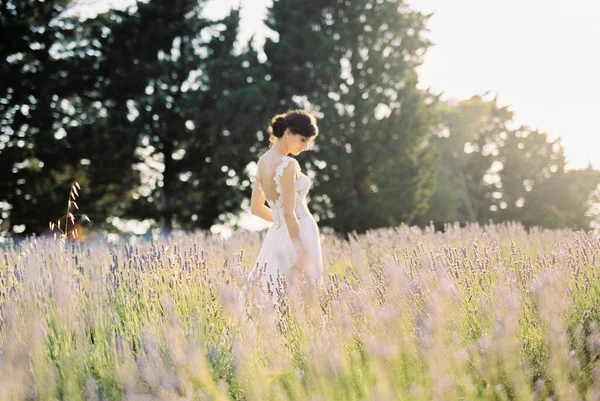 Novia Con Vestido Blanco Está Campo Lavanda Con Cabeza Baja — Foto de Stock