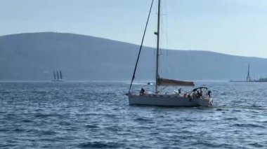 İnsanlar sabah körfezinde yata biniyor. Yüksek kalite 4k görüntü