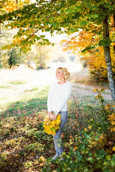 黄色の葉の花束を持つ幸せな女性が木のそばに立っています 高品質の写真 — ストック写真