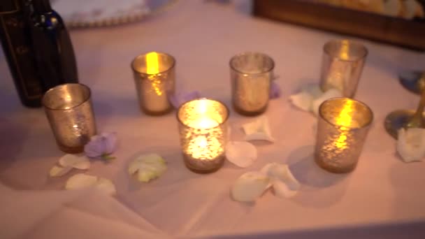 Rows Lit Candles Stand Table Covered Tablecloth High Quality Fullhd — Stock Video