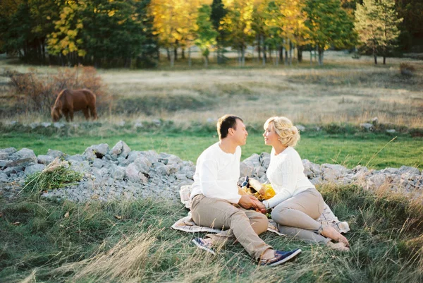 男と女の芝生の手を握って毛布の上に座っている 高品質の写真 — ストック写真