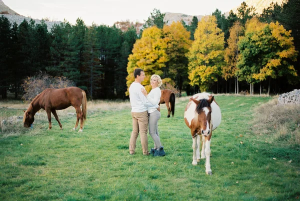 男と女は馬の間で緑の牧草地に抱かれて立っている 高品質の写真 — ストック写真