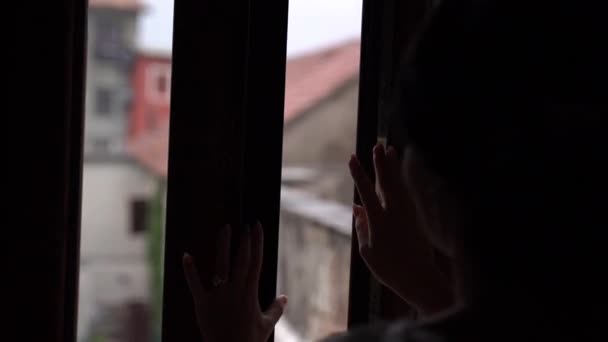 Bride Opens Window Looks Courtyard Old Stone Houses High Quality — Stock Video