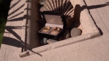 Altın alyanslar güneşte siyah bir kutunun içinde yatıyor. Yüksek kaliteli FullHD görüntüler