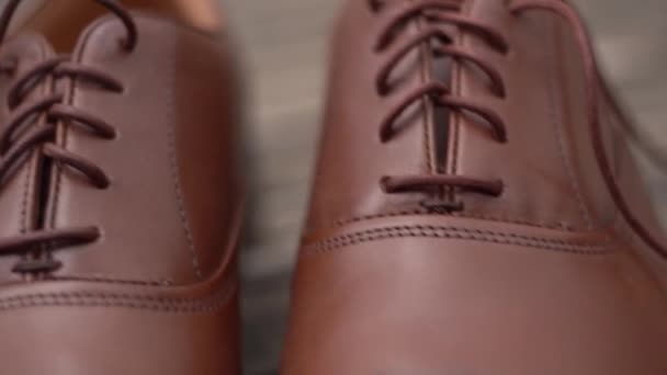 Chaussures Homme Cuir Marron Debout Sur Sol Bois Des Images — Video