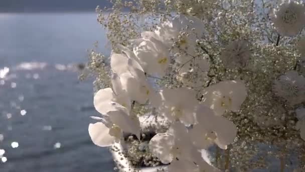 Λευκό Μπουκέτο Λουλούδια Στέκεται Ένα Περίπτερο Στην Προβλήτα Φόντο Ένα — Αρχείο Βίντεο