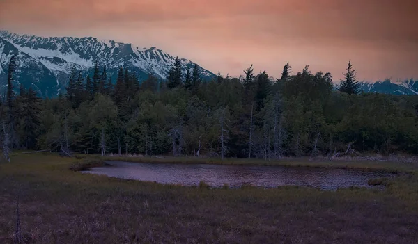 Cielo Nocturno Sobre Escarpado Campo Trasero Terreno Alaska —  Fotos de Stock