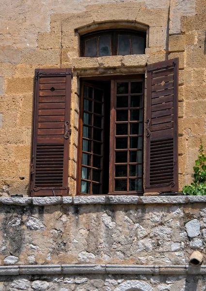 European Architecture Exterior Wooden Shutters Golden Stone Fascade Walls — Stock Photo, Image