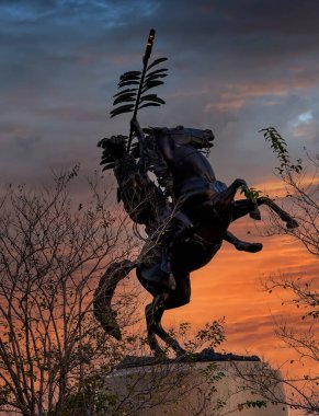 Tallahassee, Florida - 27 Ekim 2012: Fritz White 'ın bronz heykeli mızrak sallayan bir Seminole' u temsil ediyor..