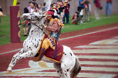 Tallahassee, Florida - 23 Kasım 2013: Florida Eyalet Üniversitesi maskotu, Şef Osceola, Doak Campbell Stadyumu 'nda oynanan Seminole Futbol maçında Renegade adlı bir appaloosa biniyor..