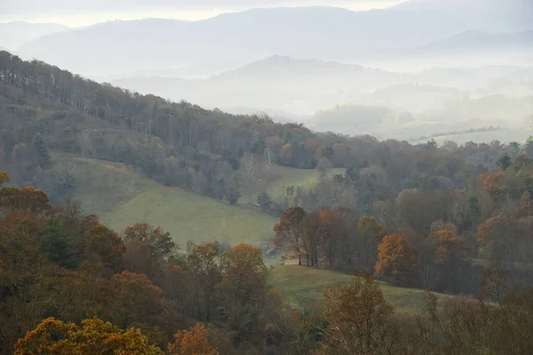 Colori Autunnali Nella Valle Nel Prato Con Banco Nebbia Che — Foto Stock