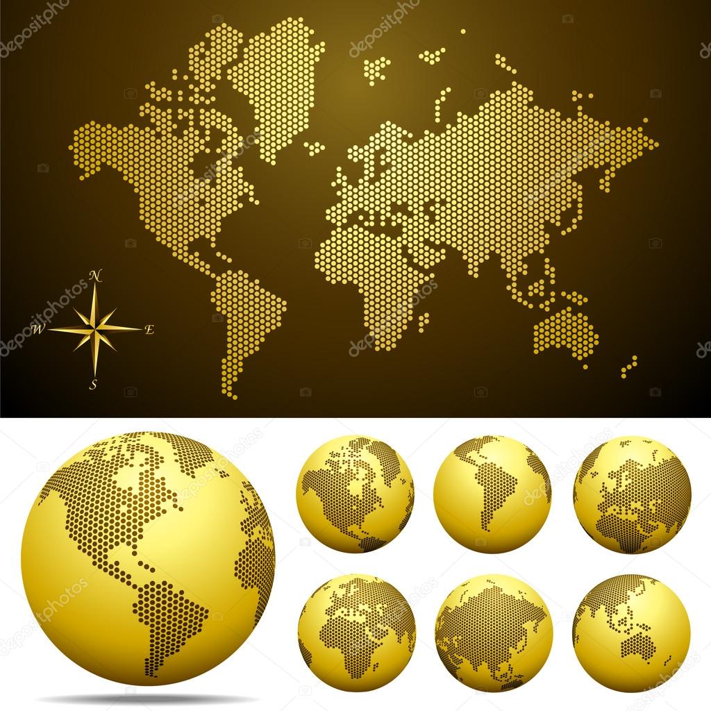 Vector dotted Map and Globe of the World - GOLD