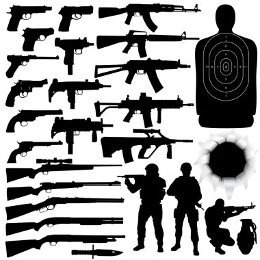 Vector silhouettes of various weapons clipart