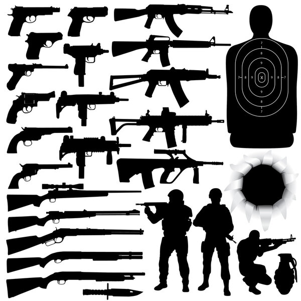 Vector silhouettes of various weapons