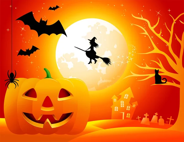 Halloween Pozadí Půlnoční Scéna Čarodějnice Koštěti Dýně Happy Halloween Day Royalty Free Stock Vektory