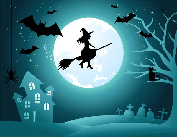 Halloween Pozadí Noční Scéna Čarodějnice Koštěti Happy Halloween Vektorová Grafika