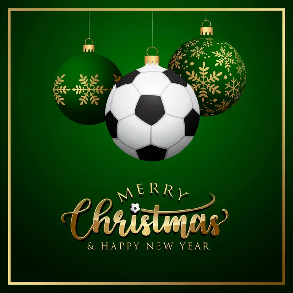 Fotbalové Vánoční Míče Blahopřání Zelené Pozadí — Stockový vektor