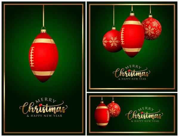 Football Christmas Balls Greeting Card Green Backgrounds Banner — Stock Vector