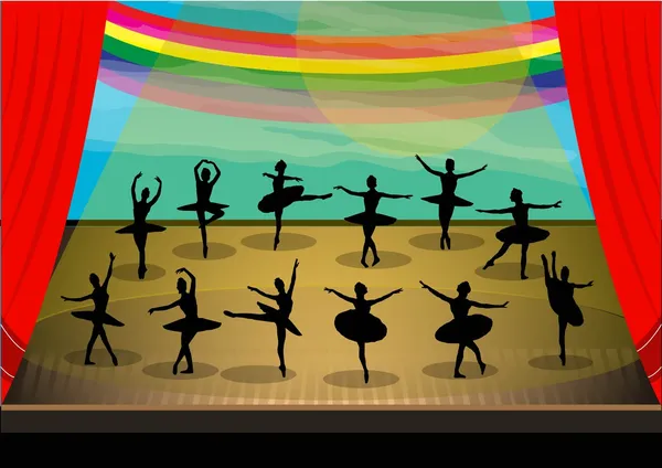 Bailarines de sombras en el escenario — Vector de stock