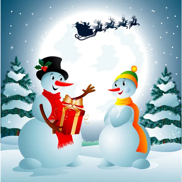 Sněhulák drží dárek od santa claus — Stockový vektor