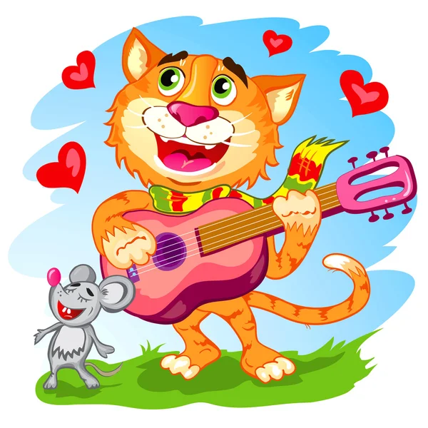 Illustration of the funny singing cat with guitar — Stock Vector