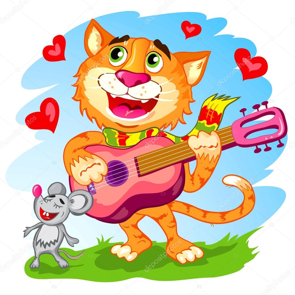 Illustration of the funny singing cat with guitar