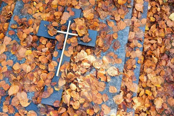 Tombeau recouvert de feuilles d'automne — Photo