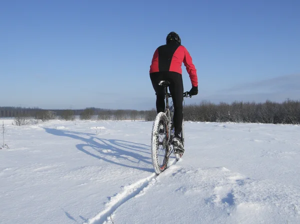 Mountainbike ridning genom snön — Stockfoto