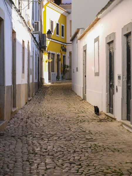 Typiska kullerstensgata i portugisiska stadenポルトガルの町でセラミック スティート記号 — Stockfoto