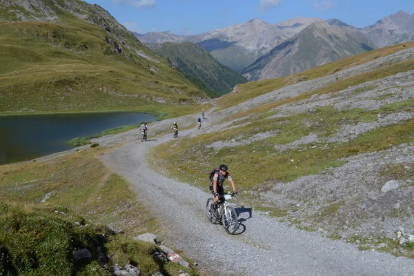 Mountainbiker fahren durch Schweizer Bergwelt — Stockfoto