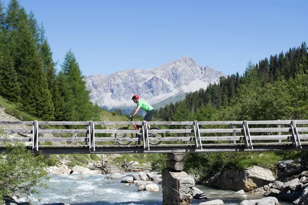 Bicicleta de montaña cruzando puente de madera en zona montañosa suiza —  Fotos de Stock