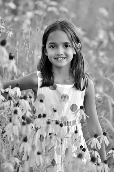 Monochrome Portrait of Little Girl in the Garden — Stock Photo, Image