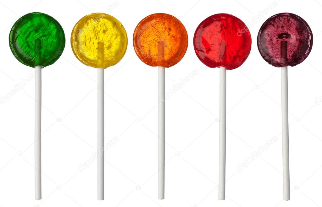 Assorted colors lollipops isolated on white background, close-up