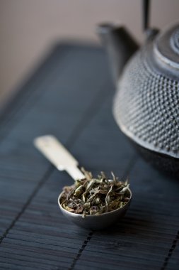 kaşığı yeşil çay ve çaydanlık