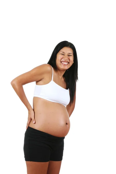 Zwangere Peruaanse vrouw, poseren, geïsoleerde op witte achtergrond — Stockfoto