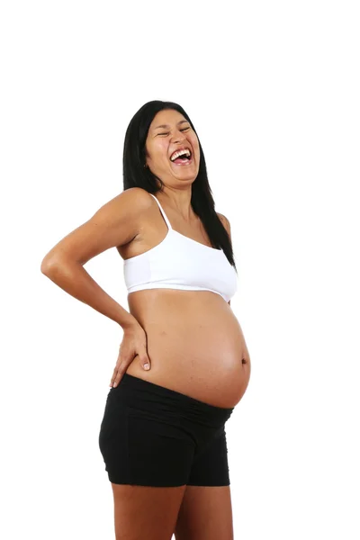 Zwangere Peruaanse vrouw, poseren, geïsoleerde op witte achtergrond — Stockfoto