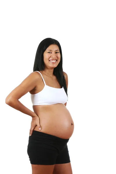 Pregnant Peruvian woman, posing, isolated on white background — Stock Photo, Image