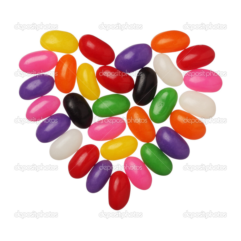 Jellybeans heart isolated on white background, close up