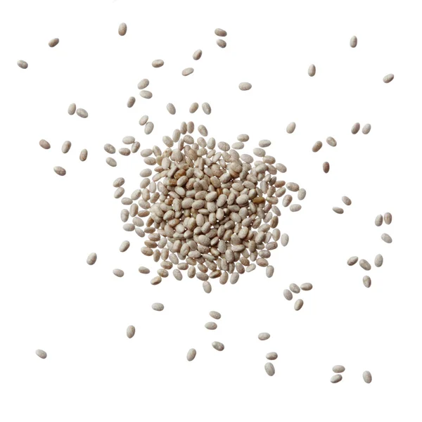 Sementes de chia branca contra fundo branco — Fotografia de Stock