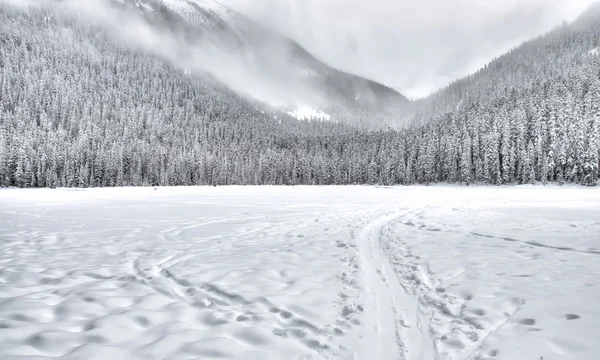 Lago congelado com trilha de trenó nas montanhas — Fotografia de Stock