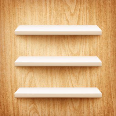 realistic white shelves on wooden wall