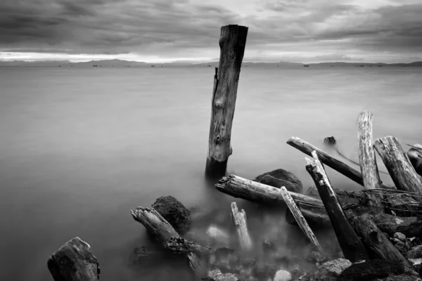 Ruins of wooden pillars at shore. Borneo, Sabah, Malaysia — Stock Photo, Image