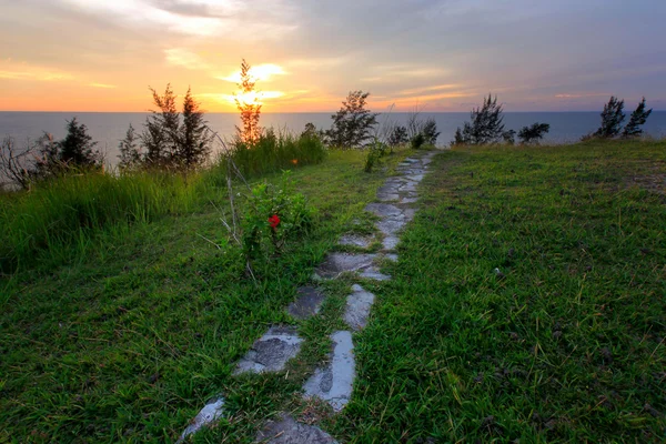 Hierba verde y camino de piedra con puesta de sol — Foto de Stock