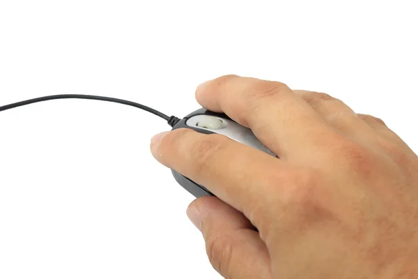 Ruka držící počítačovou myš izolované na bílém — Stock fotografie