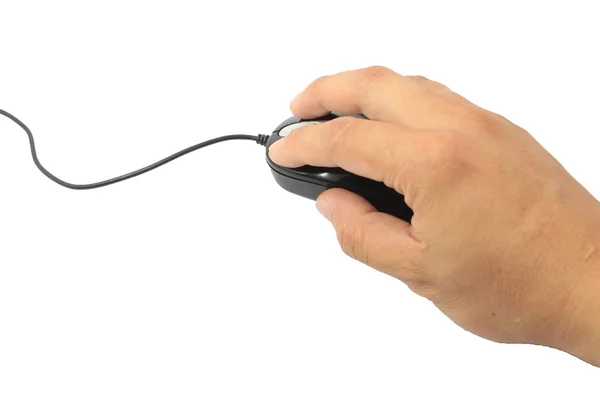 Mano que sostiene el ratón del ordenador aislado en blanco — Foto de Stock