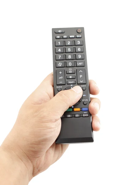 Hand holding remote control isolated on white — Stock Photo, Image