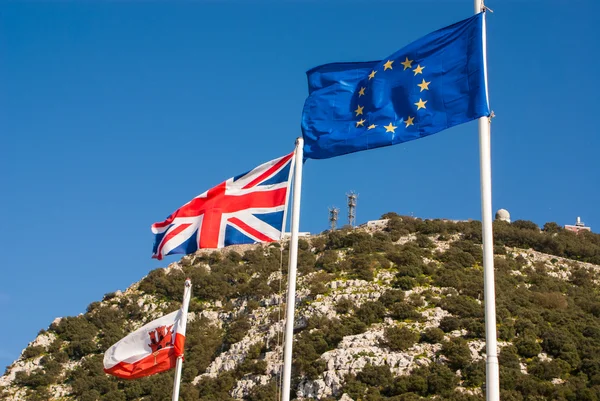 Flags of the European Union, United Kingdom and Gibraltar — Stock Photo, Image