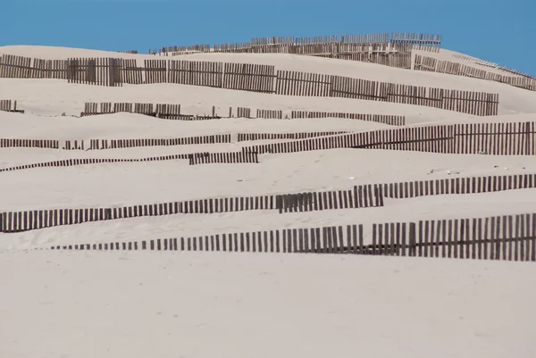 Dřevěné ploty na opuštěné písečné duny v tarifa, Španělskocercas de madera sobre las dunas de la playa desierta en tarifa, España — Stock fotografie