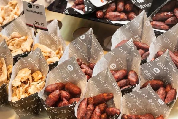 Sausage on a market stand — Stock Photo, Image