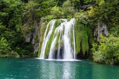 Hırvatistan 'daki Plitvice Ulusal Parkı' nda büyük şelale manzarası